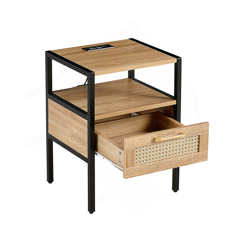 Table de bout en rotin avec prise de courant et ports USB, Naturel/noir, 2