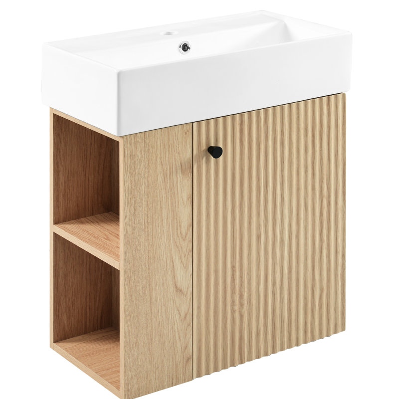 Meuble-lavabo flottant mural de 21,6 po, lavabo en céramique, porte ondulée, poignée en or rose, fermeture en douceur, rangement latéral, trou unique, meuble-lavabo compact, idéal pour les petits espaces
