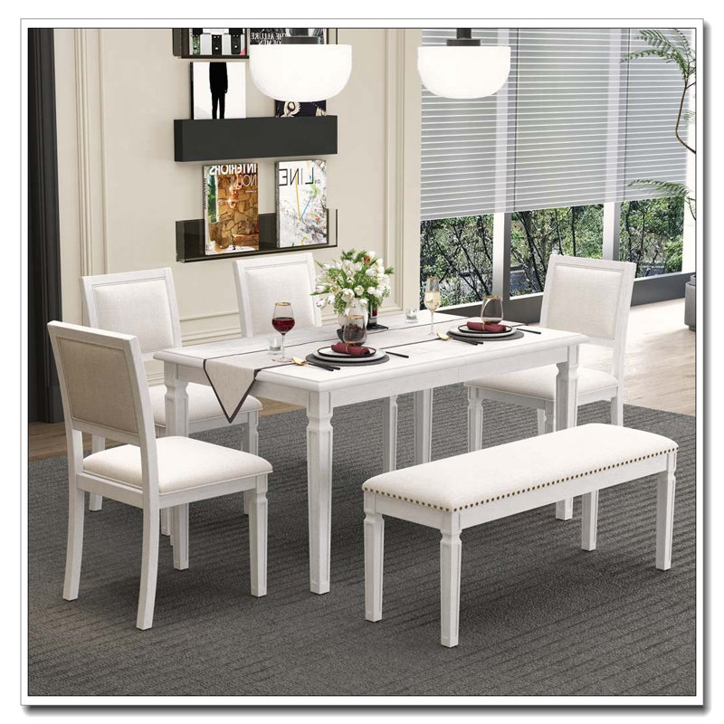 Ensemble de salle à manger extensible 6 pièces avec banc et pieds sculptés (blanc délavé) 6 pièces, Blanchies