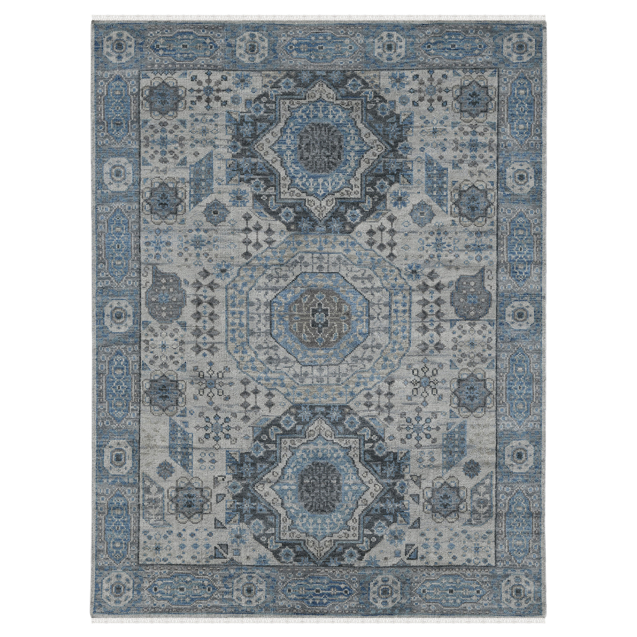 Grand Tapis Oriental Vintage Bleu Et Gris - Laine Nouée Main - 410x290 Cm