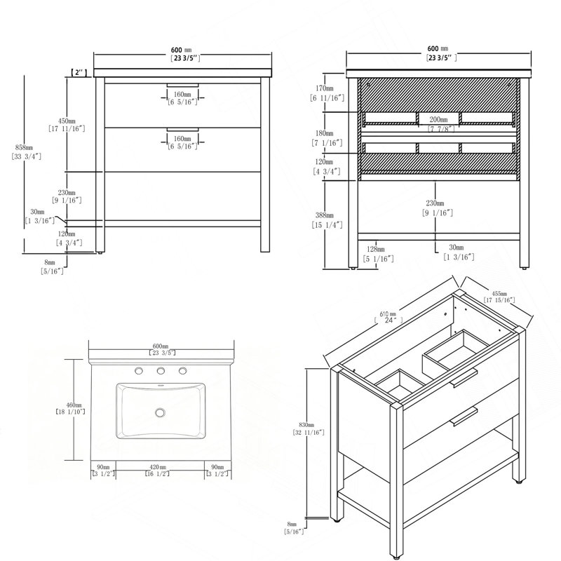 Meuble-lavabo autoportant de 61 cm avec lavabo, tiroir à fermeture amortie, comptoir et dosseret en marbre synthétique blanc granité de 5 cm, contreplaqué