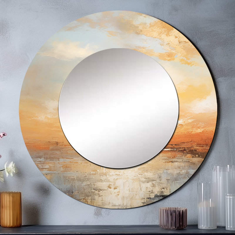 Rosalynne beige et Golden Beach Sunset Paradise IV - miroir mural décoratif coucher de soleil côtier, miroir rond côtier, impression sur métal