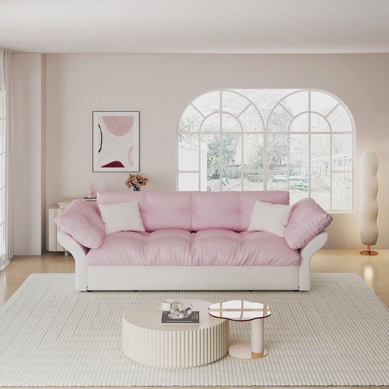 Grand canapé-lit escamotable, canapé-lit capitonné convertible 3-en-1, Blanc / Rose