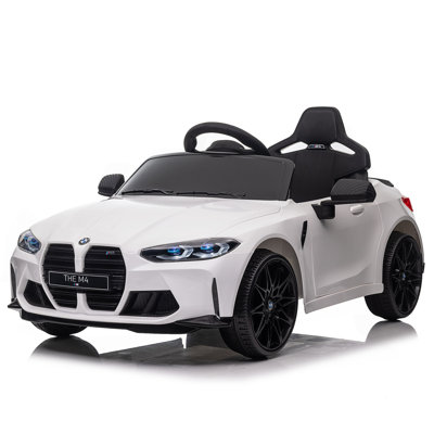 Bmw M4 12V pour enfants, voiture jouet 2,4 G avec télécommande pour les parents, réglable à trois vitesses, affichage de puissance, USB, MP3, Bluetooth, lumière DEL, histoire, une poignée avec roues et une poignée, facile à transporter