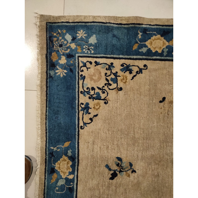 Floral Medallion Ivory Beige Cream White Wool Antique Rectangle Hand Knotted Pile 1930s Rug
