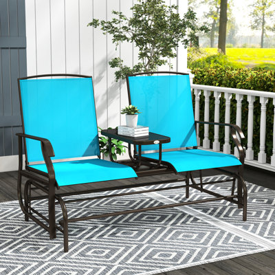 Garden Porch Glider Bench With Middle Table - Blue Metal Frame Double Gliding Relaxation, Breathable Material, For Backyard, Patio, Poolside Patio Table. Garden. Sling-Mesh, 528 Lbs. Capacity,
