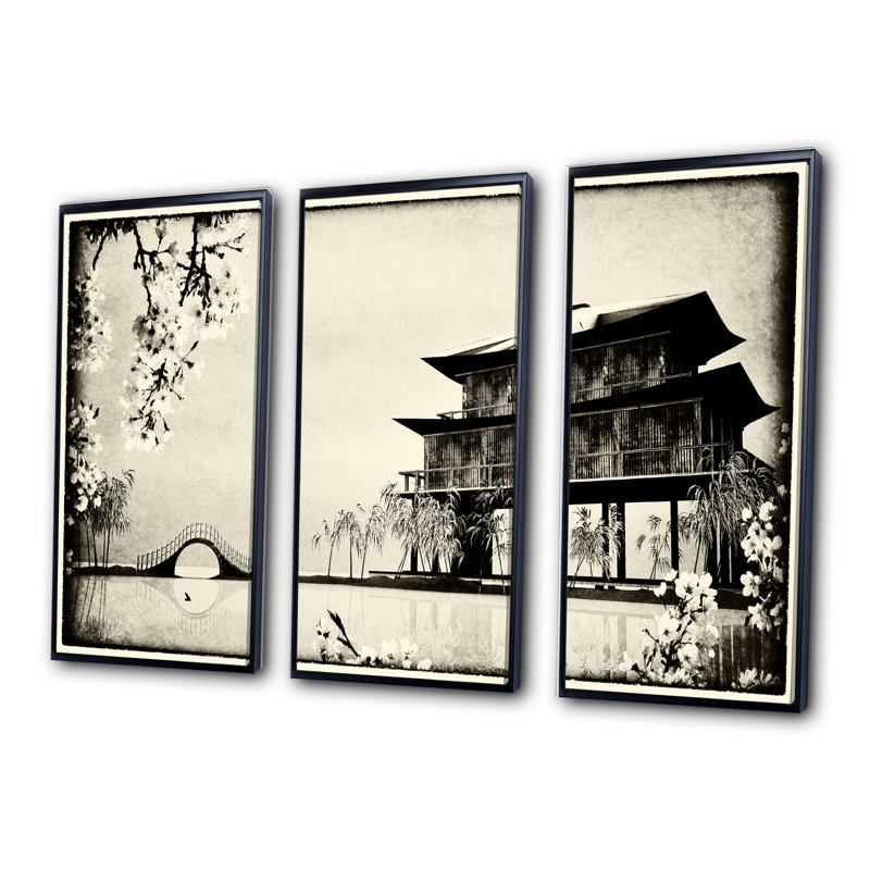 Encre de Chine, ensemble d'art mural sur toile encadré paysage, H 28 po x l 36 po, Noir