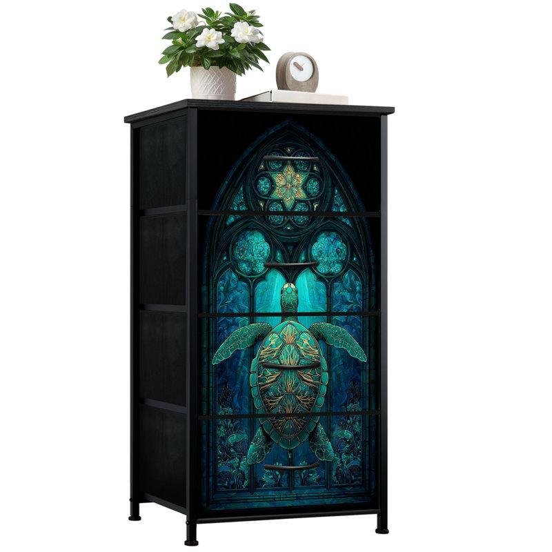 Commode style vitrail Coastal pour la chambre à coucher avec 4 tiroirs de rangement Tortue de mer complexe en verre teinté nageant Profondeurs de l'océan Commode Commode en acier avec structure en acier