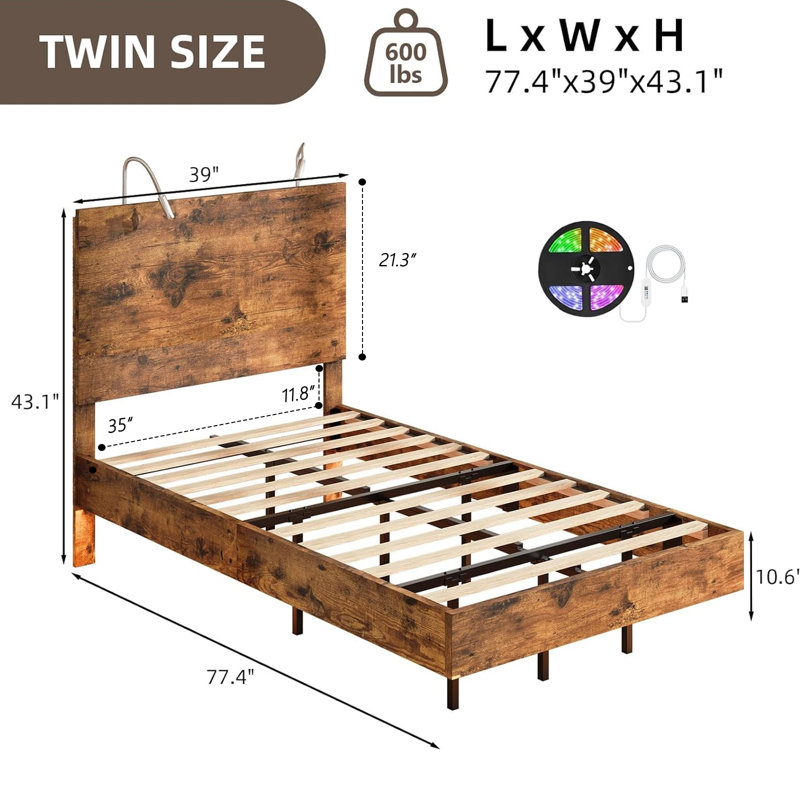 Wooden floating bed frame with LED lights,Platform Bed Frame with Reading Light Headboard, Twin