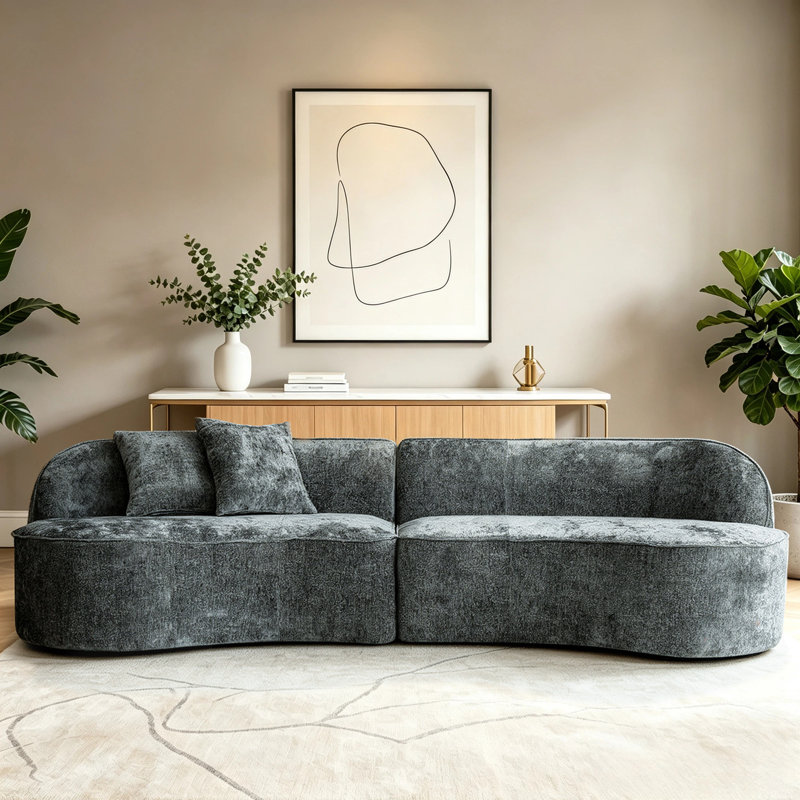 Canapé d'angle modulaire incurvé en chenille de 114 pouces avec assise profonde et structure inclinable, gris, Chenille gris