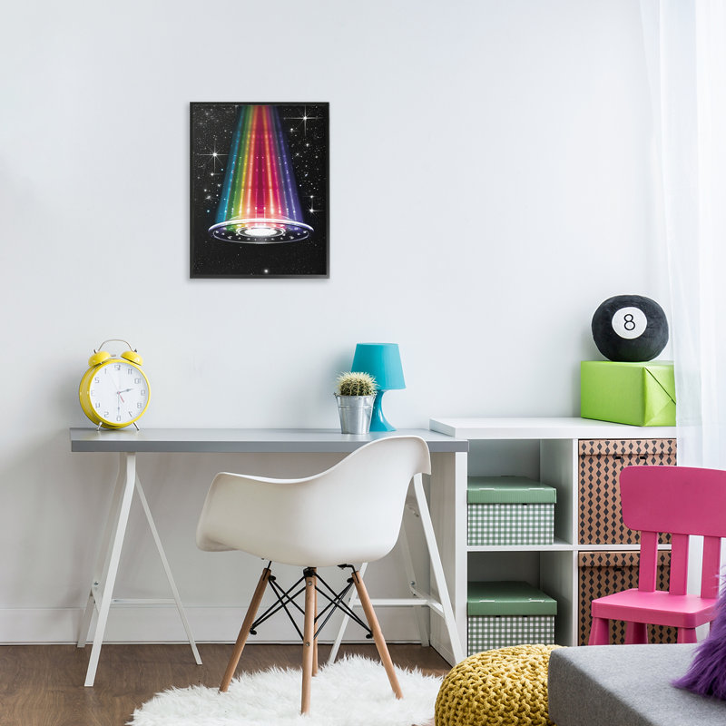 Giclée arc-en-ciel arc-en-ciel UFO, design par Sasha, H 14 po x l 11 po, Giclée encadrée noir minuit