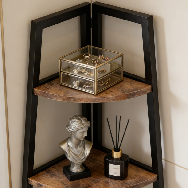 Présentoir de coin à 5 niveaux, cadre en métal robuste avec tablettes en bois, unité de rangement compacte pour le salon et le bureau personnel
