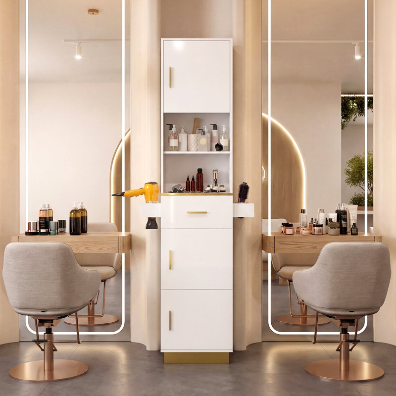 Freestanding Barber Station for Hair Styling with Tool Holders, Wooden Salon Cabinet with Drawer and Open Shelves, Makeup Organizer for Professional Salon, Spa and Home