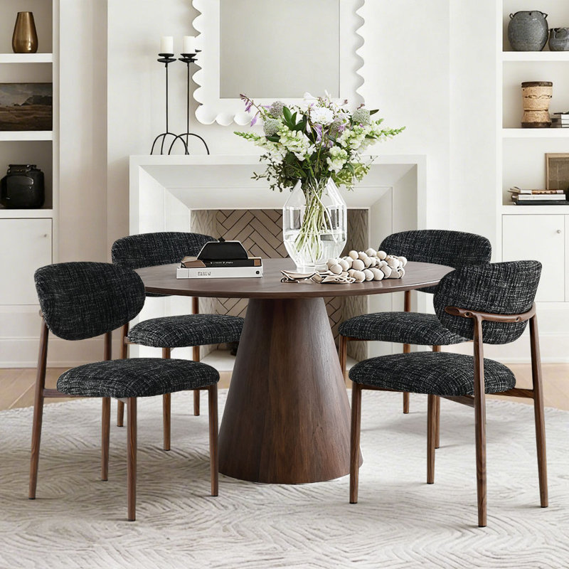 Mid-Century Modern Upholstered Dining Chairs with Wood-Grain Metal Legs, Black
