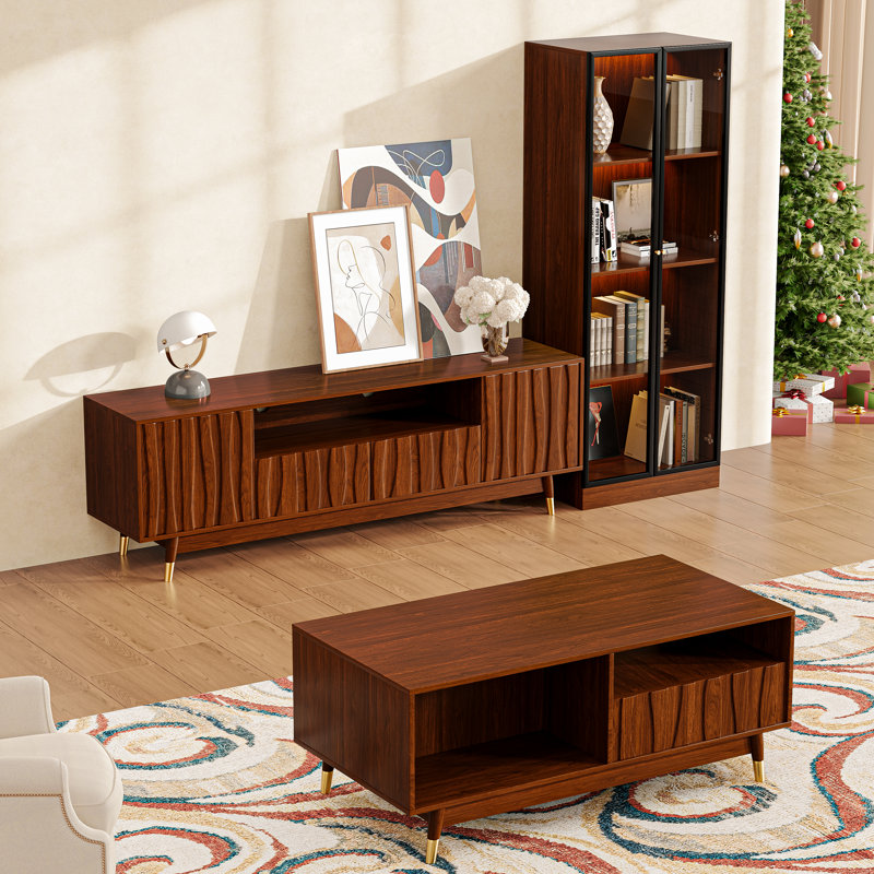 Walnut Finish Media Console Set Of 3 With Tv Stand, 4-tier Glass Display Case And Coffee Table For Living Room, Luxury Mid-century Modern Wood Entertainment Center With Drawers And Storage For 45/55/65 Inch Tv, Brown
