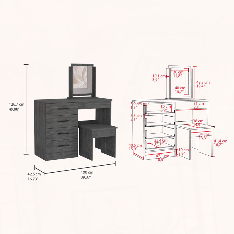 Makeup Vanity with Four Drawers and Stool