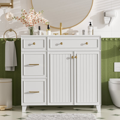 Meuble-lavabo moderne avec lavabo en céramique, tiroirs standard et double couche, portes à fermeture douce, tablettes réglables pour des salles de bain fonctionnelles et élégantes