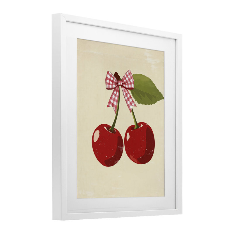 «Cherries with Pink Plaid Bow», reproduction encadrée sous verre, design par Christine Simpson Art, H 21 po x l 17 po