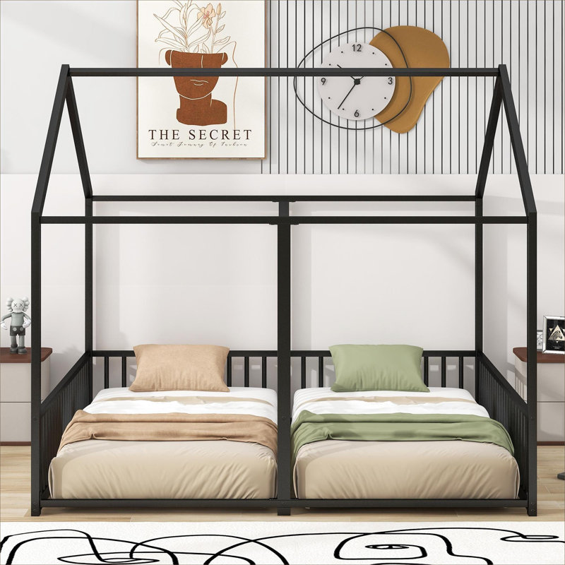 House Shaped Two Twin Shared Platform Bed For Shared Bedroom Use, Solid Metal, Deep Black