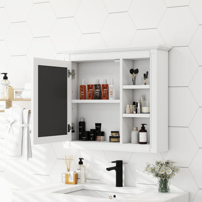 Pharmacie avec miroir et tablettes réglables, rangement mural, Blanc