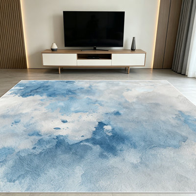 Tapis de style abstrait en forme d'aquarelle bleue 1PC pour le salon, doux et confortable, adapté à toutes les saisons, facile à entretenir, lavable à la machine, tapis de dessous de table adapté pour la table à manger, la chambre à coucher, la cuisine, le vestibule,