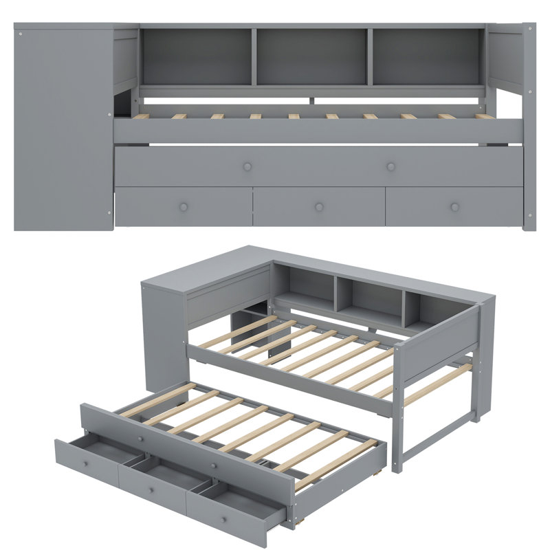 Lit de jour simple avec lit gigogne, structure de lit de jour en bois avec tiroirs de rangement, tablettes latérales et bureau intégré, aucun sommier tapissier requis, lit de rangement multifonctionnel