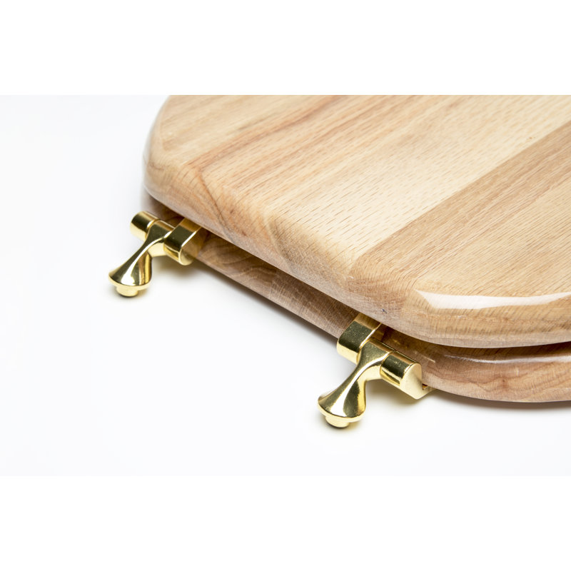 Round Toilet Seat and Lid, Natural Red Oak, Polished Brass