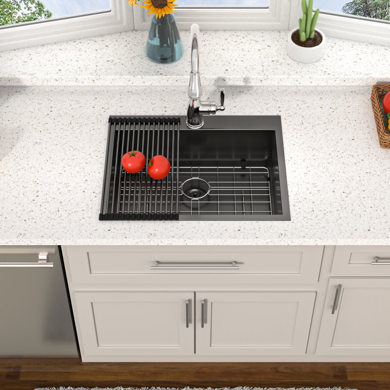 28" L x 22" W Drop-In Kitchen Sink Stainless Steel Single Bowl Topmount Kitchen Sink with 1 Faucet Hole, Gunmetal Black