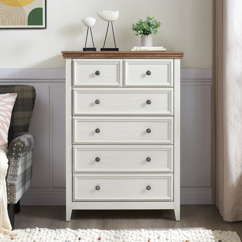 Commode 6 tiroirs beige - Unité de rangement spacieuse avec armoire à poignées fleuries rétro pour 6 tiroirs
