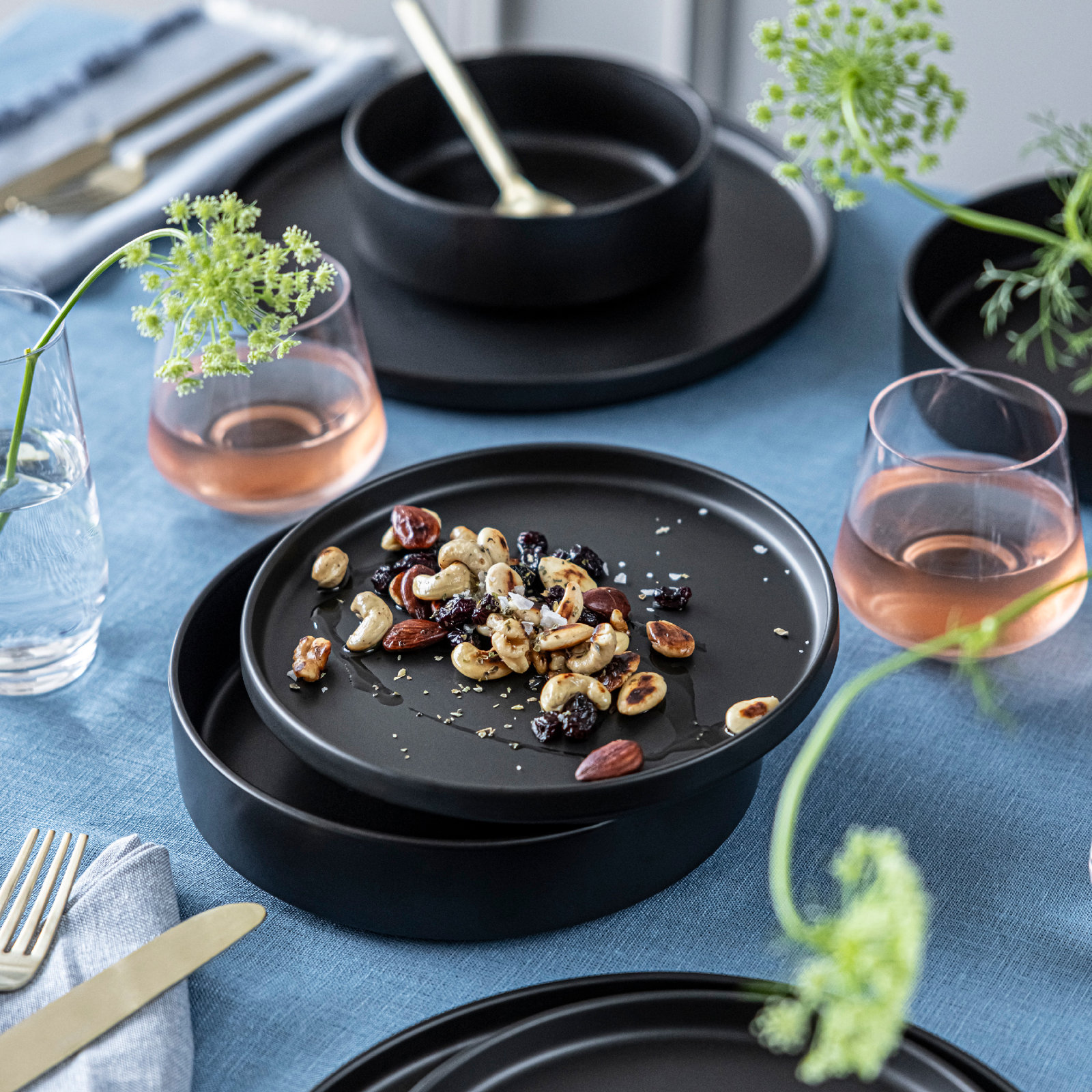 Stackable Stoneware Dinnerware Set, Black