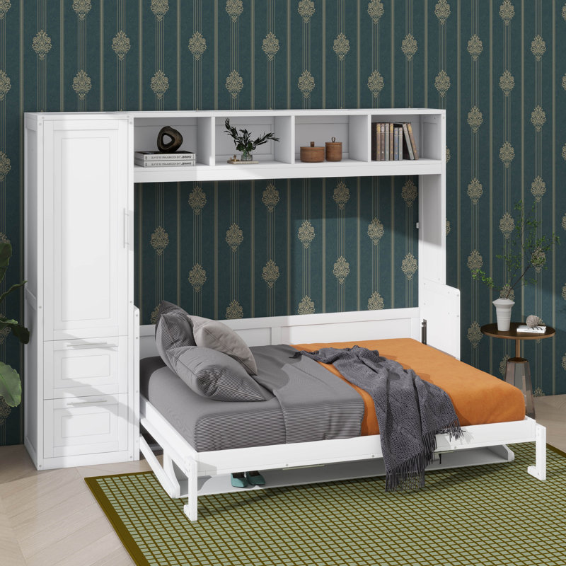 Grand lit escamotable mural avec placard, tablettes et tiroirs, Blanc, Grand lit