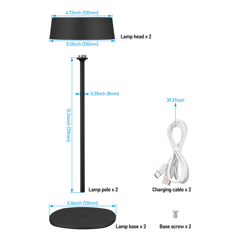 Commercial Grade Rechargeable Table Lamps, LED Cordless Table Lamp for Restaurant, Hotel, Bar Dimmable, Black