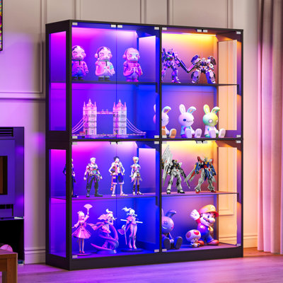 RGB Display Cabinet With Adjustable Tempered Glass Shelves, 4-Tier Storage Case With LED Lights & Press-To-Open Doors, Modern Display Shelf For Collectibles, Black