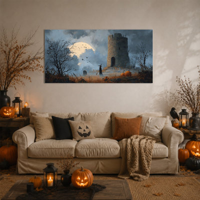 Grand art mural d'Halloween sorcière sur toile, corbeau gothique et tour de lune, paysage fantaisiste foncé, décoration pour salon, entrée de chambre à coucher et bureau personnel, toile tendue avec cadre en pin, 58 x 28 pouces