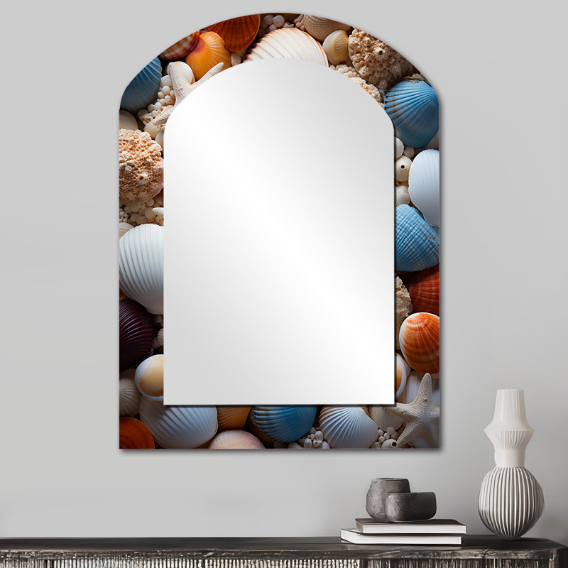 «Beach Photo Seashell Symphony VI - Miroir mural décoratif asymétrique côtier, miroir en arc sarcelle, impression sur métal