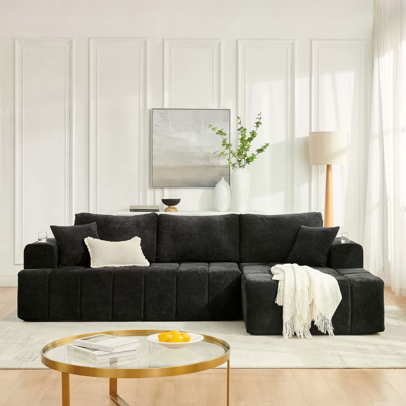 Canapé modulaire en chenille de 108 po en L, canapé désossé de style nuage avec méridienne, canapé rembourré moderne avec porte-gobelets et poches latérales, canapé à compression pour le salon, aucun assemblage requis, noir