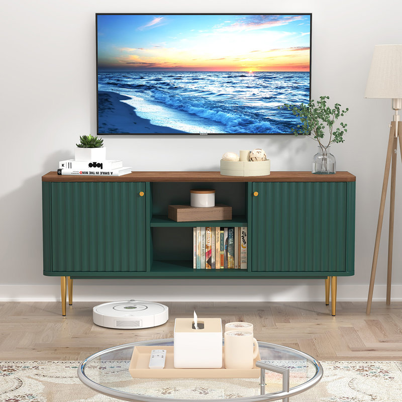Alyun 55” Fluted TV Stand with Storage, Walnut/Green
