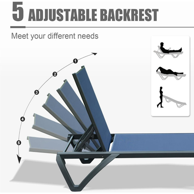 Méridienne d'extérieur, méridienne en aluminium 2 pièces avec dossier réglable à 5 positions et roulettes, fauteuil inclinable pour patio