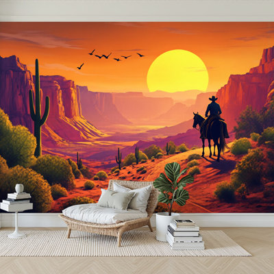 Peel and Stick Wallpaper 96" W x 69" H Modern Self Adhesive Wall Mural for Bedroom Cowboy Horseback Desert Canyon Sunset Golden Sun Red Rock Western