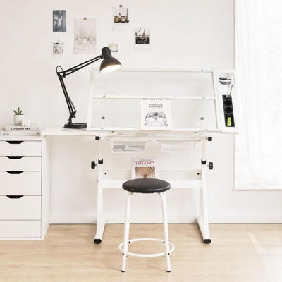  Inbox Zero Ozia 40" x 24" Modern Glass Drafting Table with Stool, Adjustable Height Art Desk with Tilt Top, Drawers & Slide-Out Shelf, White SSS-8E8B-28 Series 