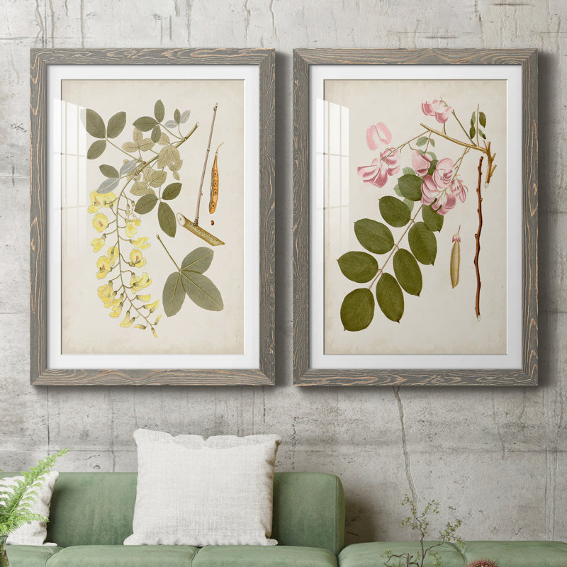 «Vintage Flowering Trees VII», ensemble de 2 reproductions d'art sur papier encadrées, Cadre en papier gris