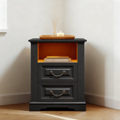 Farmhouse Nightstand Set Of 2 With Charging Station And RGB LED Lights, Wooden Bedside Table With Drawers, Rustic End Table For Bedroom And Living Roo