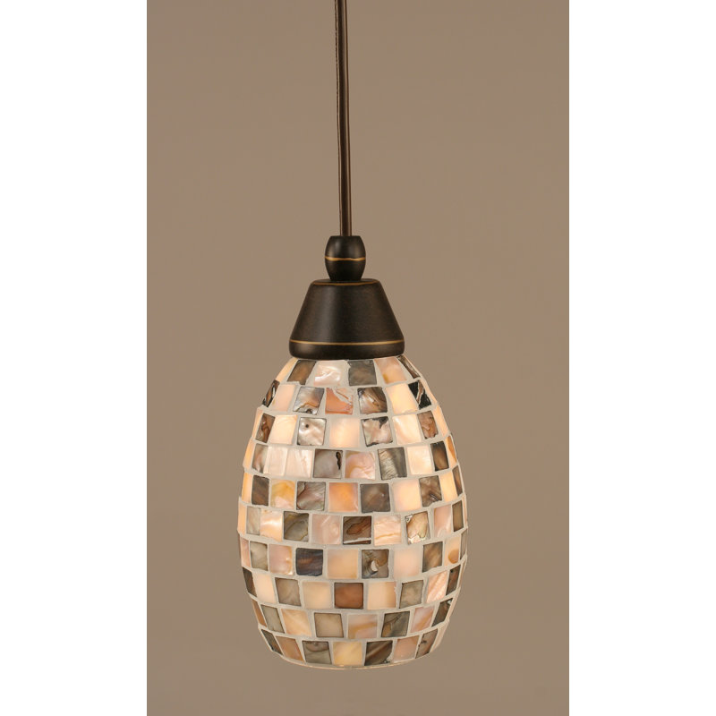 Cord Hung Mini Pendant Shown In Black Copper Finish With 10" Amber Crystal Glass, Dark Granite, 6" W, Seashell Glass