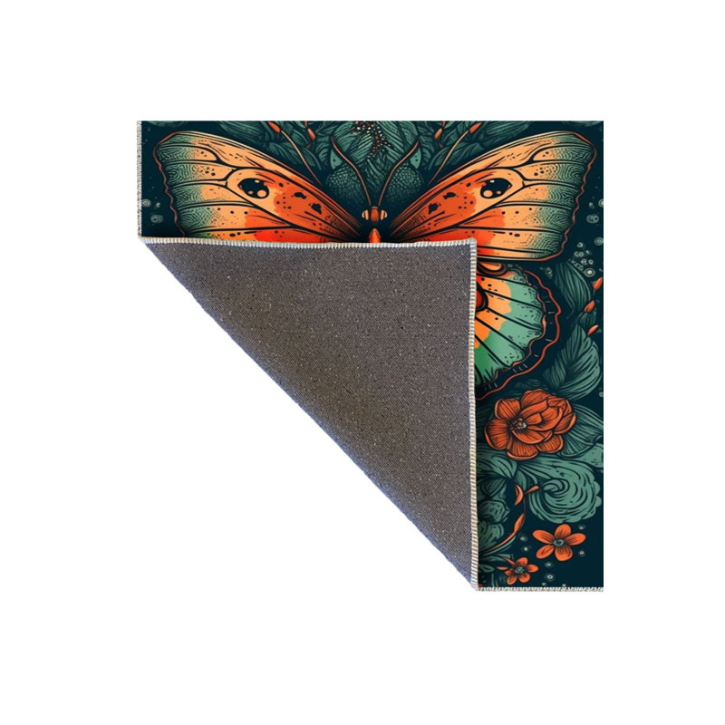 Tapis décoratif tissé à motif de papillons et de fleurs vert pétrole, Sous-tapis rectangulaire 2 pi 4 po x 3 pi 11 po