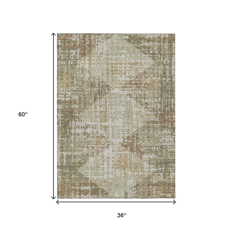 3' X 5' Fern Green And Beige Geometric Washable Indoor Outdoor Area Rug