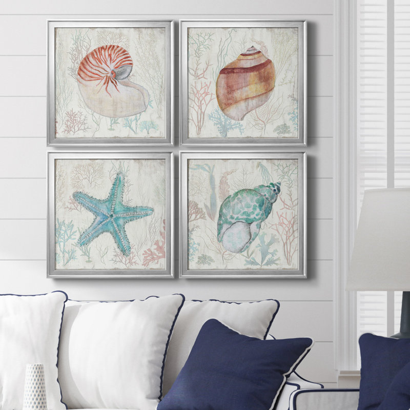 Corail et coquille I - ensemble de 4 reproductions d'art sur toile, Argent, H 34,5 po x l 138 po x P 1,5 po