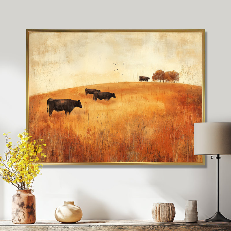 Vaches dans les champs d'automne I - campagne, art mural, H 12 po x l 20 po, Cadre flottant, Doré