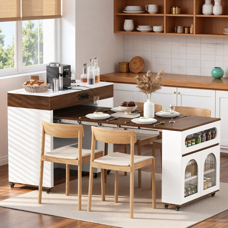 Rolling Kitchen Island With Extra-long Folding Top, Drawers, Cabinets, Power Outlet And Lockable Wheels, Walnut