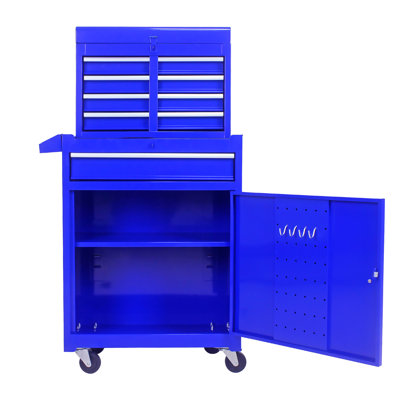 Blue Metal Tool Chest With Sliding Drawers & Large Internal Space For Workshop Cabinet Detachable Top 15kg Drawer Capacity -