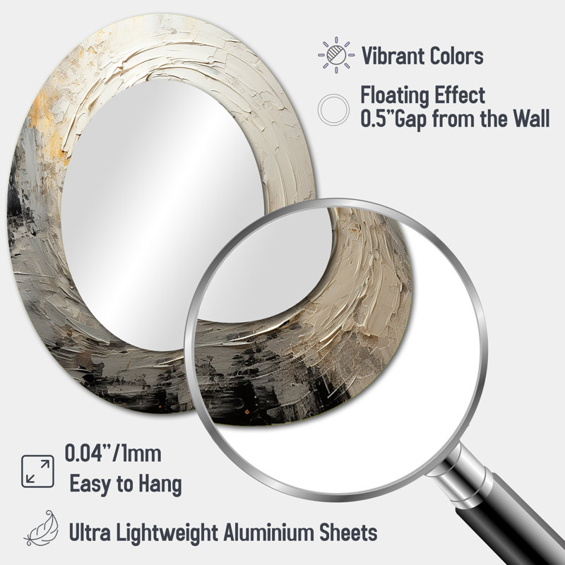 Grey Beige Meditative Movement I - Gray Oval Wall Mirror Decor, 43" x 33"